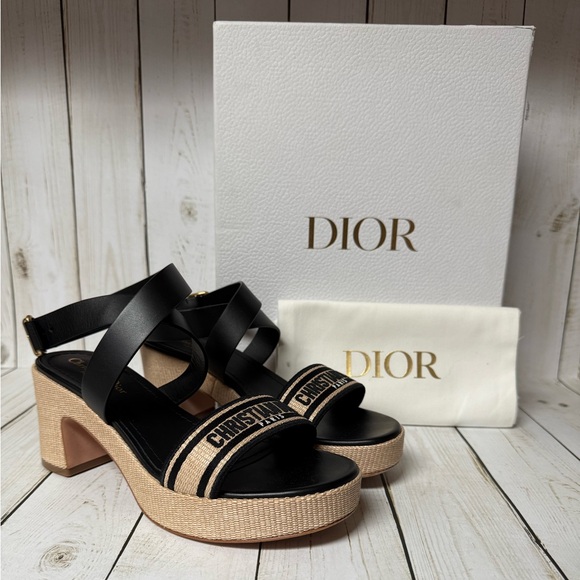 Christian Dior Calfskin Raffia Embroidered Dway Platform Sandals Sz 38.5 / 8.5 - Picture 3 of 16